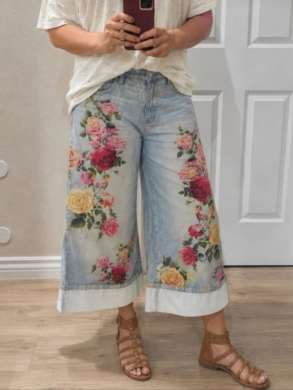 Magnolia Look Free Style Floral Boho Wide-Leg Jeans Light Blue Pants Sz Xl-14